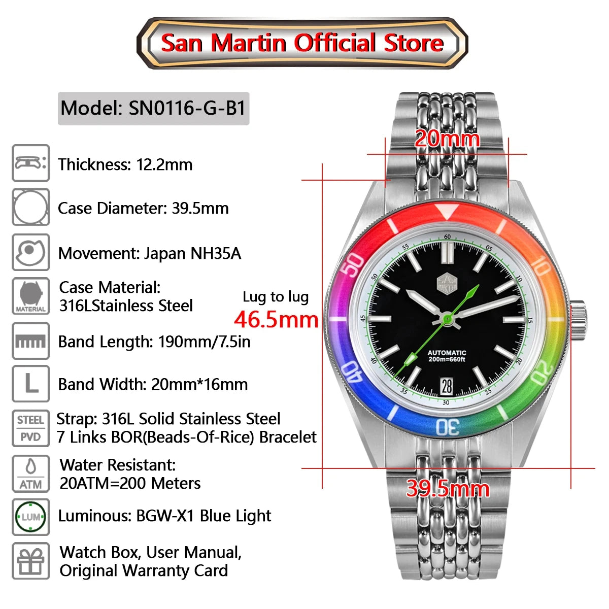 San Martin 39,5 mm Dive Rainbow - SN0116